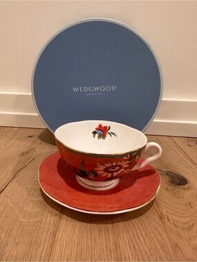 Wedgwood Red and White Floral Teacup with Gold Trim